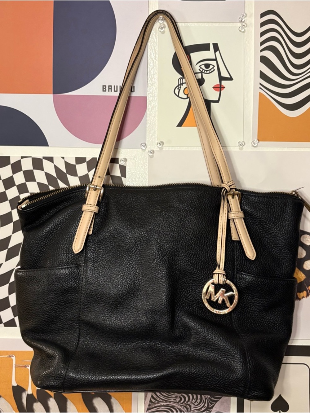 Michael Kors Black Pebbled Leather Tote with Tan Handles & Gold Charm